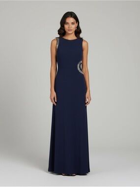 Sleeveless Navy Evening Gown with Side Embellishment Size 6 Formal Wedding Date